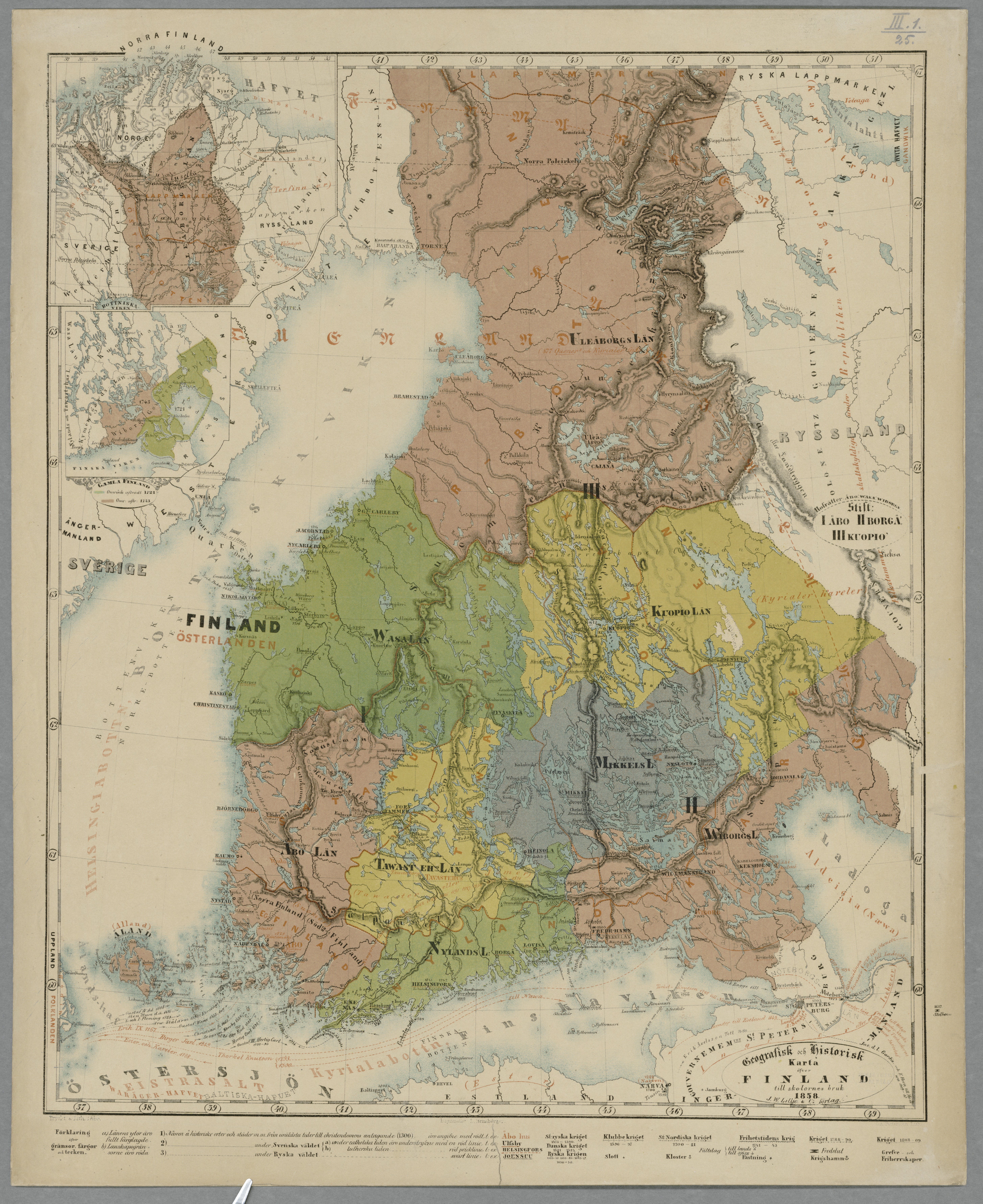 Geografisk och historisk karta öfver Finland till skolornes bruk 1858